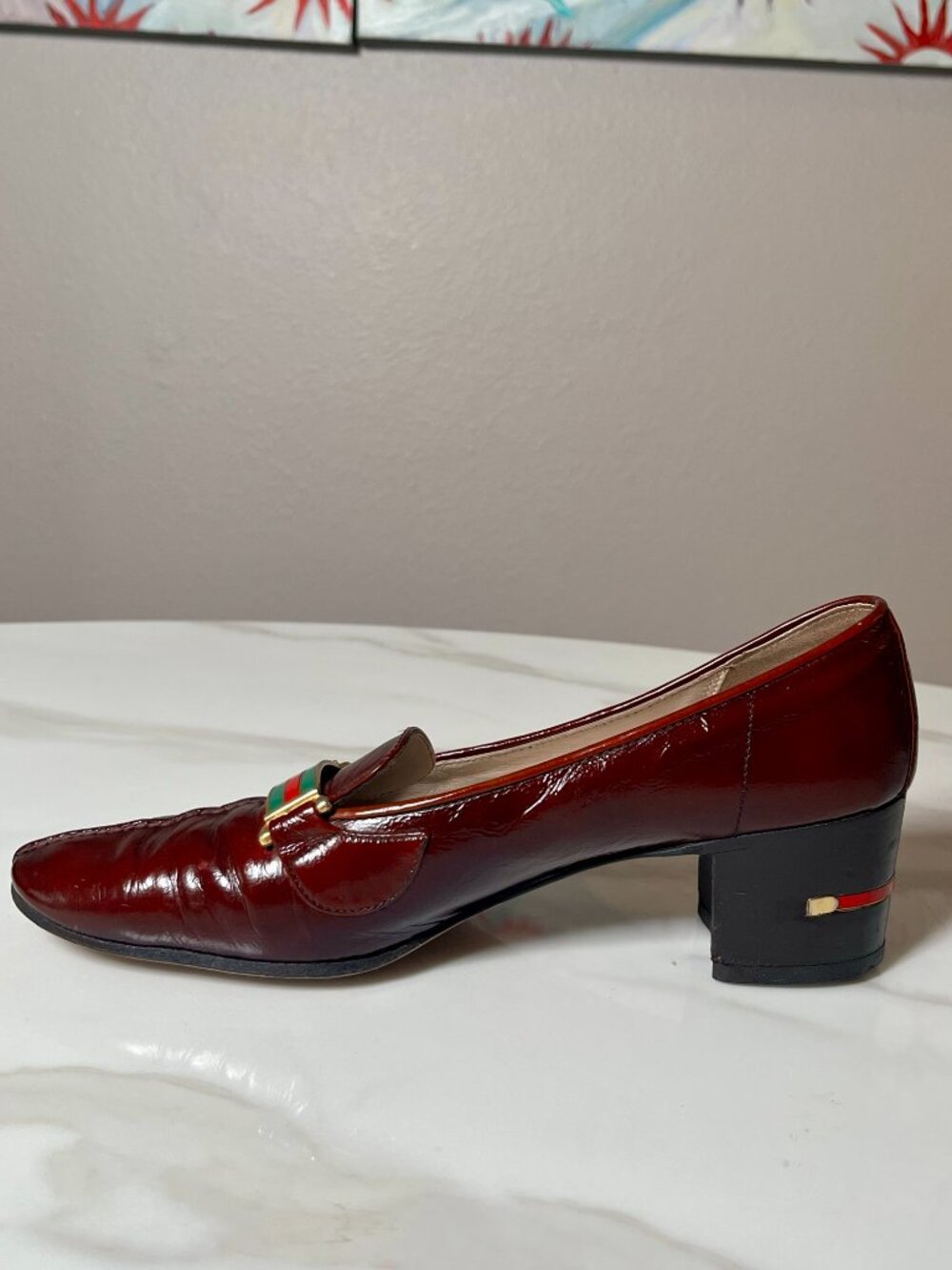 Gucci Oxblood Patent Leather Web Stripe Vintage Block Heel Loafers 39 AA - Picture 4 of 10